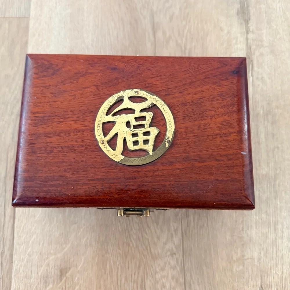 Vintage 80s Oriental Chinese Wooden Jewelry Box W/ Brass Word LUCKY, Double Tier
